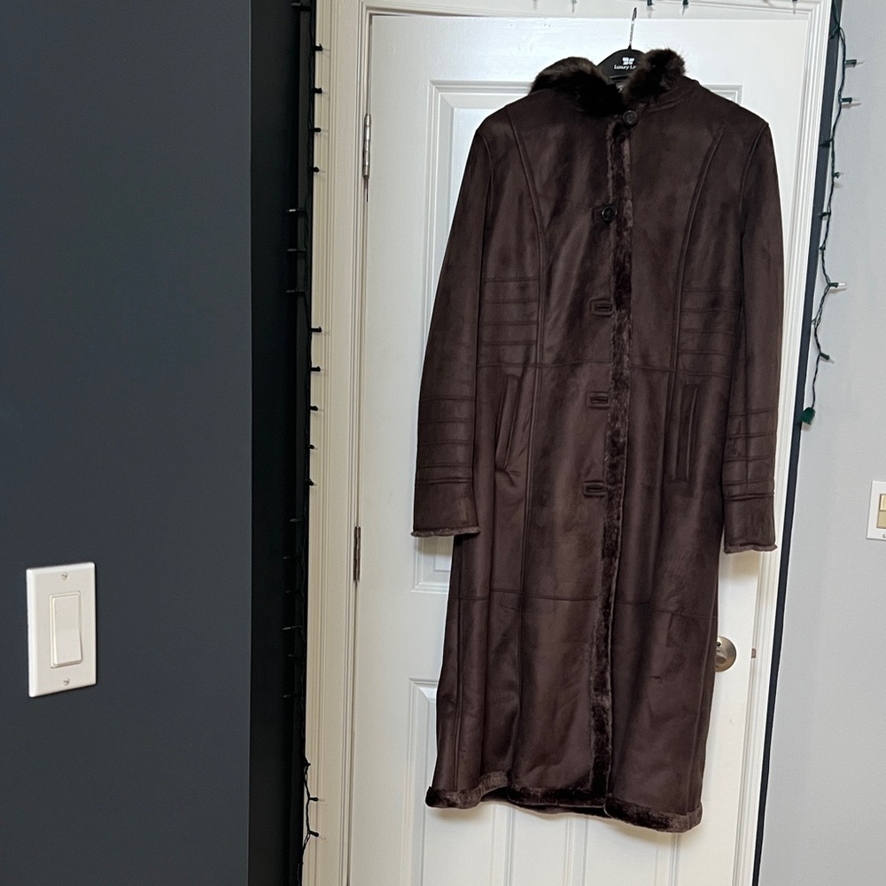 Brown Long Suede Coat with Fur Trim